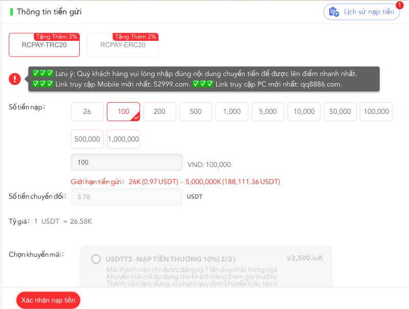 Nạp tiền bằng tiền điện tử (USDT)
