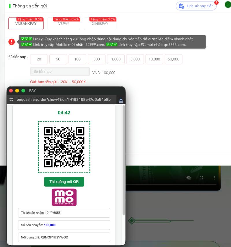 Nạp tiền bằng ví điện tử (Momo, ZaloPay, Viettel Pay)